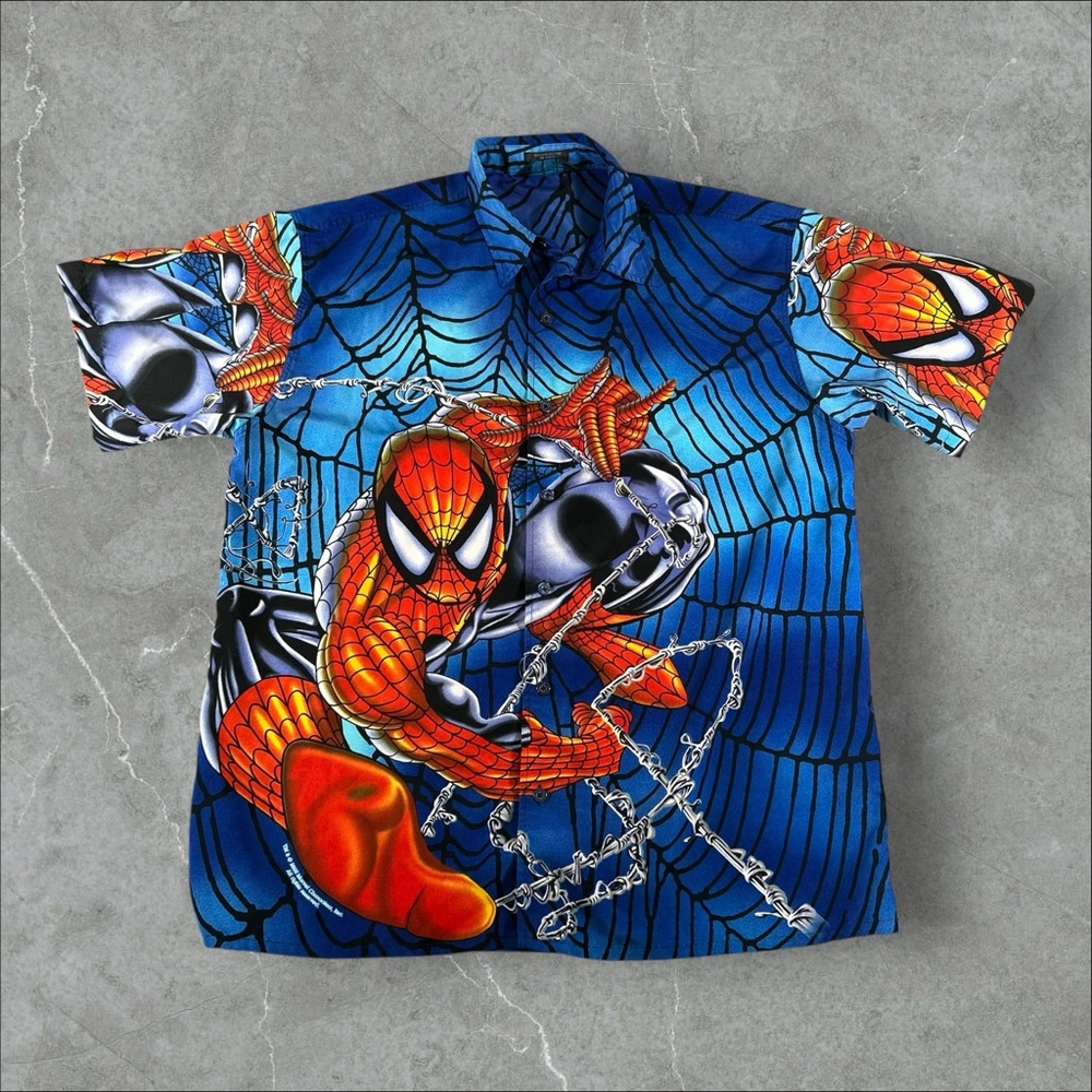 Vintage Spiderman Shirt Mens XL Blue Button Up Y2K‎ 2000 Marvel Comics AOP Rare